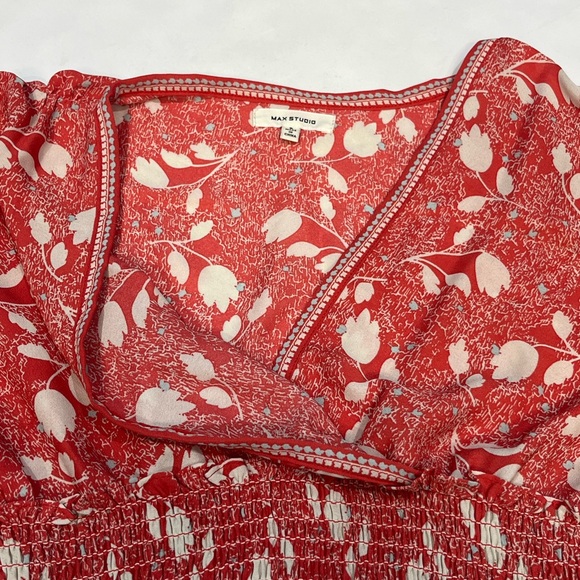 Max Studio Red Floral Smocked Fit Flare Dress Flutter Sleeve Women Small 9912D52 - Picture 13 of 16